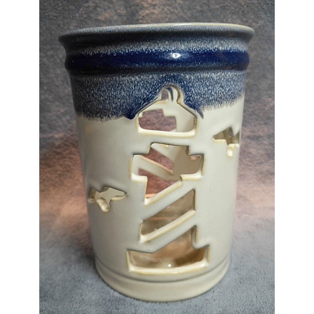 Retired Yankee Candle Lighthouse Ceramic Candle Holder Set Coastal Nautical Blue - Picture 4 of 16